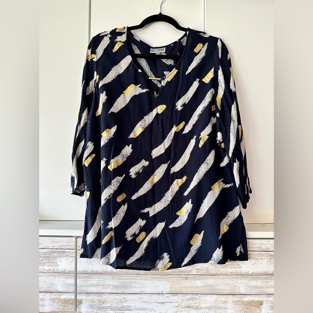💙✨ JM Collection Navy Abstract Print Blouse Gold Bar Neck 3/4 Sleeve L